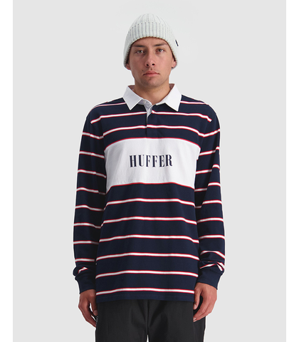 HUFFER MENS KERRISDALE L/S POLO - NAVY/ RED