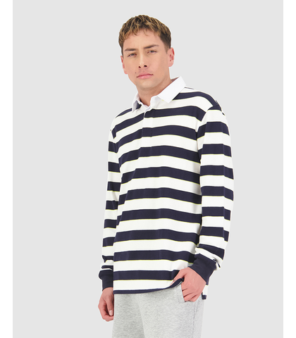 HUFFER MENS CLOCKED L/S RUGBY POLO - WHITE / NAVY