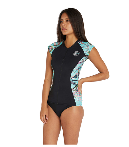 O'NEILL LADIES BAHIA FRONT ZIP CAP SLEEVE RASHSHIRT - ALOHA