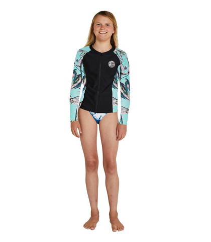 O'NEILL GIRLS BAHIA FRONT ZIP L/S RASH SHIRT - BLACK / ALOHA