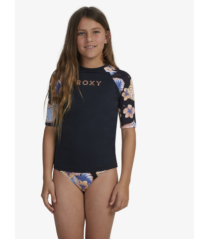 ROXY GIRLS SWIM FOR GOOD TIME S/S LYCRA - BLACK REEF FLOWERS