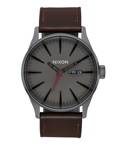 NIXON SENTRY LEATHER WATCH - GUNMETAL / BLK / DARK BROWN