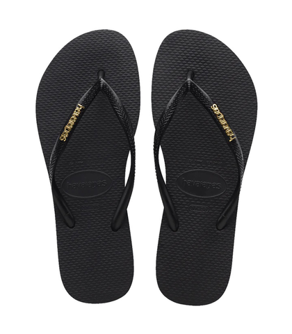 HAVAIANAS SLIM LOGO METALLIC JANDAL - BLACK / GOLD