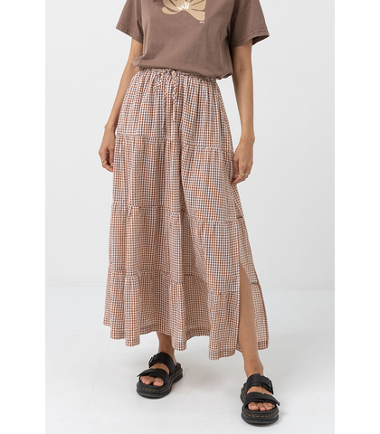 RHYTHM LADIES LOLA CHECK TIERED MAXI SKIRT - CLAY