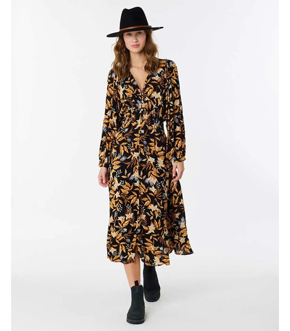 RIPCURL LADIES LA ISLA L/S MIDI DRESS - BLACK