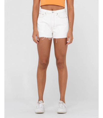 RUSTY LADIES PENNY KICK FLARE DEMIN SHORTS - WHITE