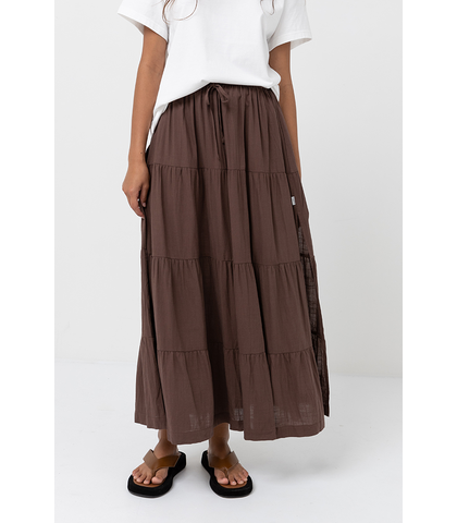 RHYTHM LADIES CLASSIC TIERED MAXI SKIRT - CHOCOLATE