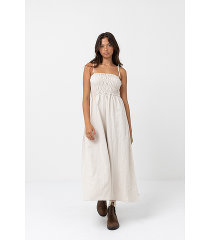 RHYTHM LADIES CLASSIC SHIRRED MIDI DRESS - OAT