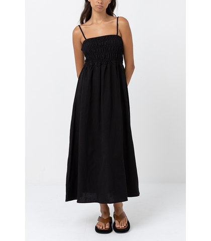 RHYTHM LADIES CLASSIC SHIRRED MIDI DRESS - BLACK