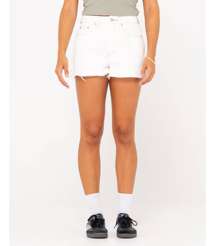 RUSTY LADIES PENNY KICK FLARE DENIM SHORT - WHITE