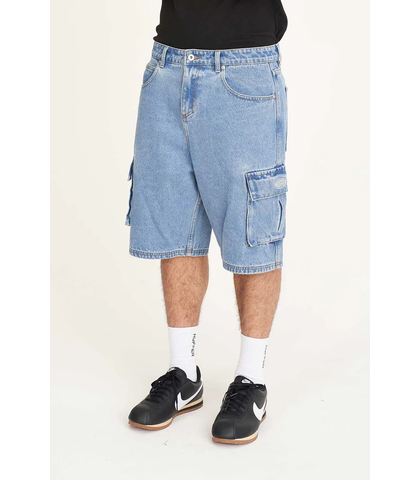 HUFFER MENS STRA BAGGY CARGO DENIM SHORT - BLUE WASH