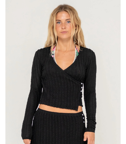 RUSTY LADIES I KISSED A PEARL LACE WRAP L/S TOP - BLACK