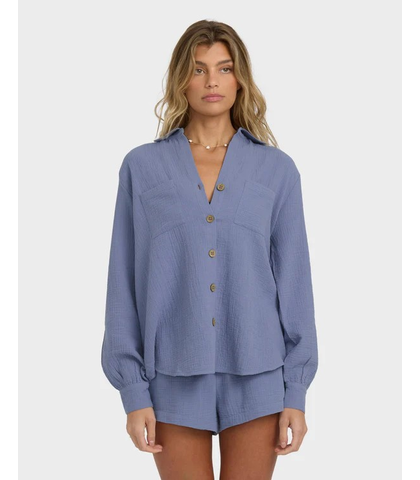 BILLABONG LADIES SWEET SWELL L/S BLOUSE - STONE BLUE