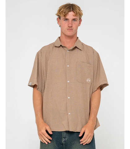RUSTY MENS HOODUS CHECK S/S DRESS SHIRT - TOBACCO