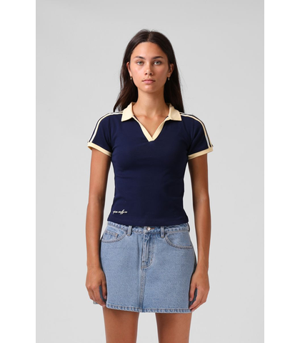 RPM LADIES V NECK POLO TEE - NAVY / YELLOW