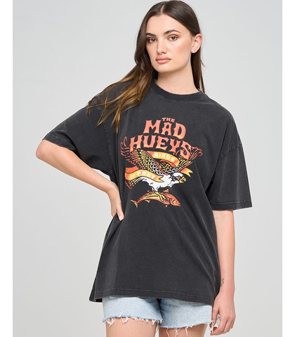 MAD HUEYS LADIES BIRDS OF PREY OVERSIZE TEE - WASHED BLACK