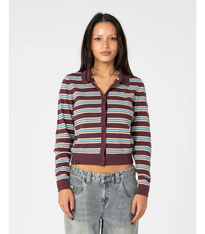 RUSTY LADIES EXTRA CREDIT BUTTON UP CARDIGAN - BURGANDY STRIPE