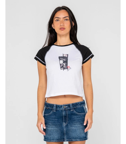 RUSTY LADIES ROLL OUT RAGLAN CAP SLEEVE BABY TEE - WHITE