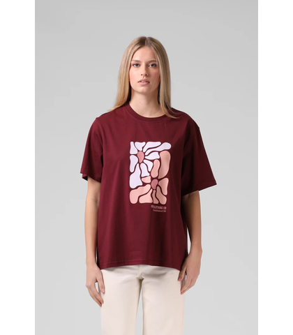 RPM LADIES OVERSIZE FLORAL TEE - RED WINE