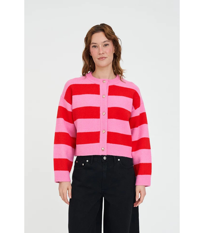 HUFFER LADIES ELLE CROP STRIPE CARDIGAN - PINK / RED