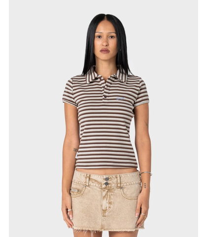 RUSTY LADIES PETA STRIPE POLO BABY TEE - BROWN / CREAM STRIPE