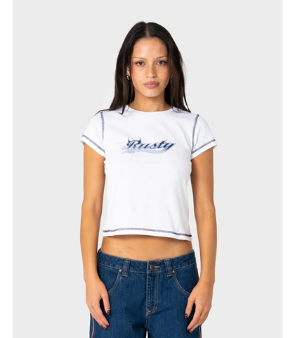 RUSTY LADIES HORNY DEVIL BABY TEE - WHITE