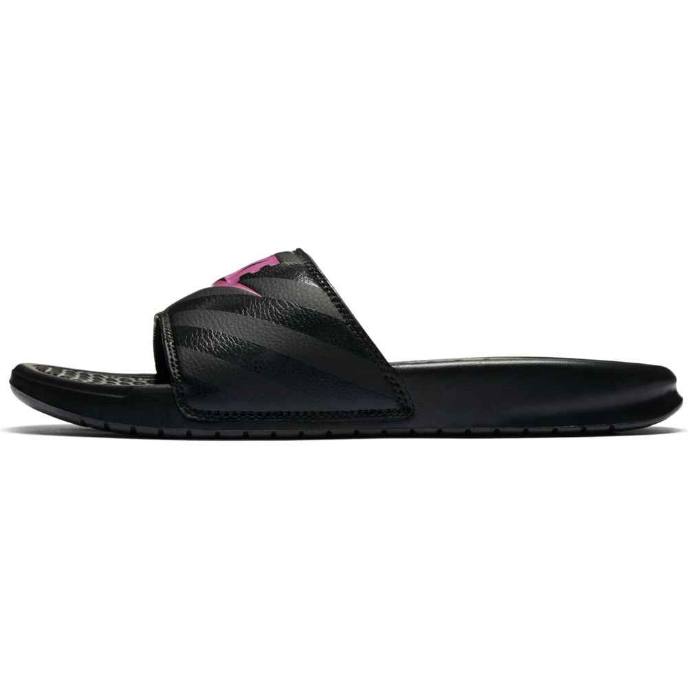 black and pink nike slides