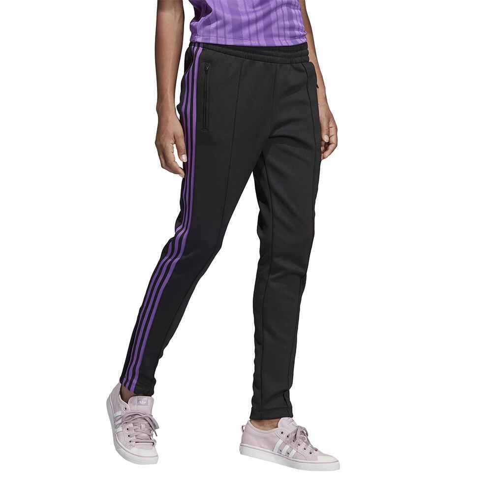 black adidas pants with purple stripes