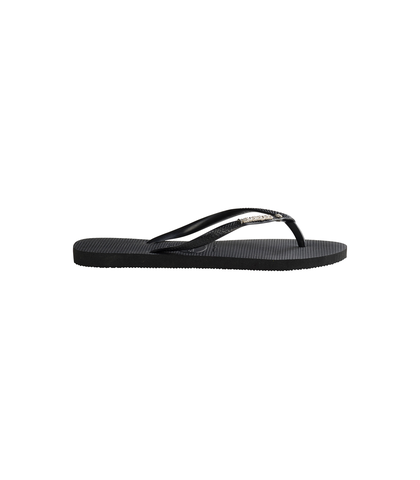 black havaianas with metal logo