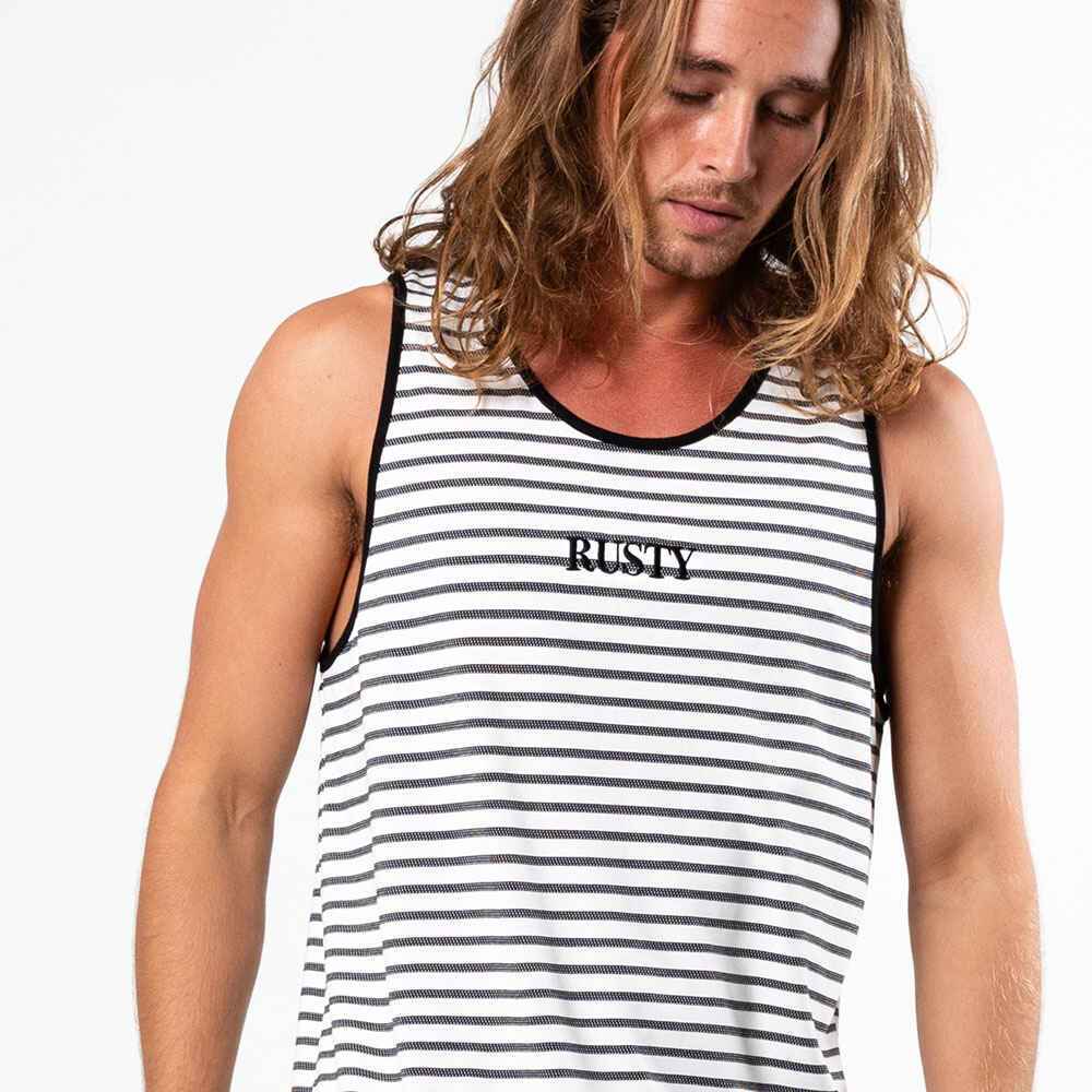 RUSTY MENS JUNGLE STRIPE TANK BLACK MensTops Sequence Surf Shop